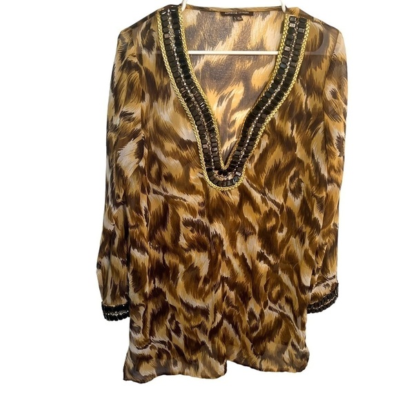 Adrienne Vittadini Sheer Tunic Top Brown Geo - Picture 1 of 12